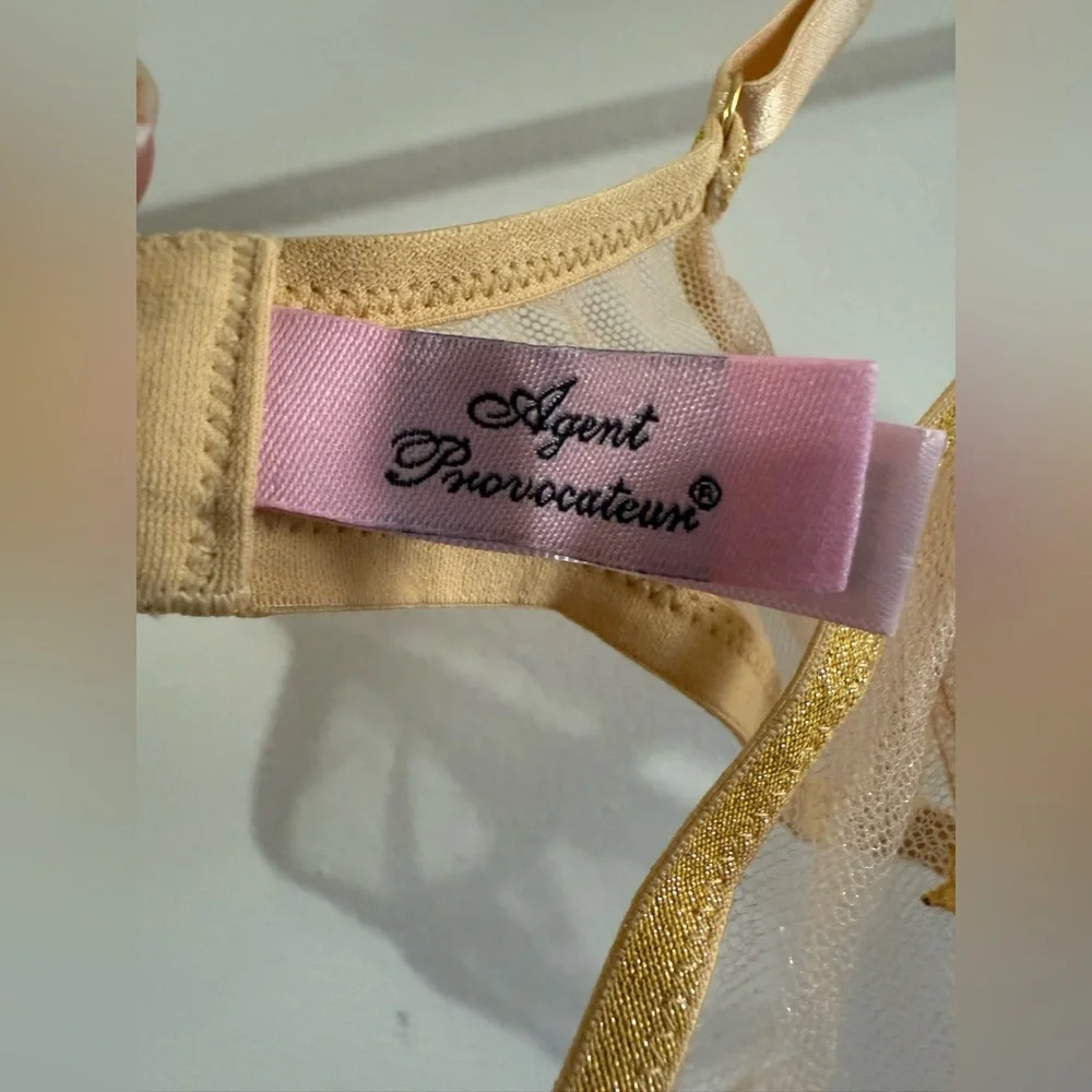Agent Provocateur Sheer Pink Mesh Bra with Gold Glitter Trim